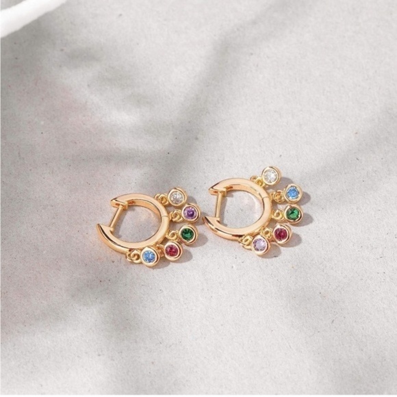 GOLD 14k Gold Plated Tassel Colorful Cubic Zirconia Hoop Earrings - Picture 1 of 3